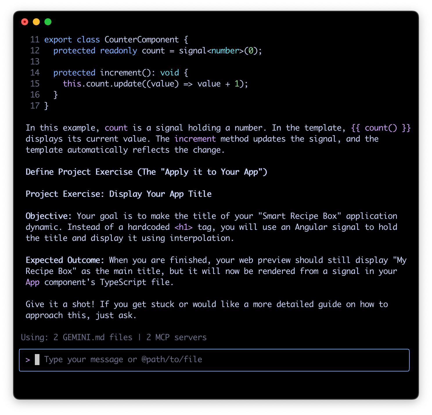 A screenshot of the Angular AI Tutor providing an exercise.