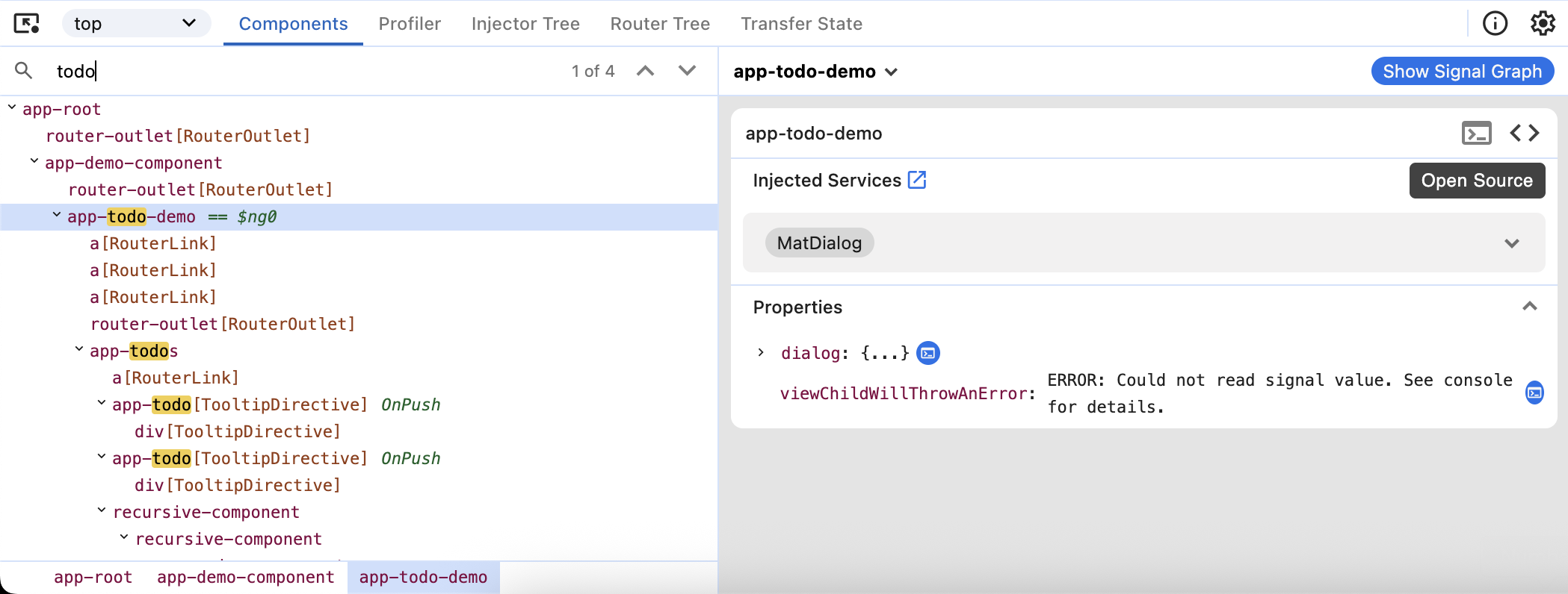 A screenshot of the 'Components' tab. The properties view on the right is visible for a component and the mouse rests in the upper right corner of that view on top of a `<>` icon. An adjacent tooltip reads 'Open component source'.